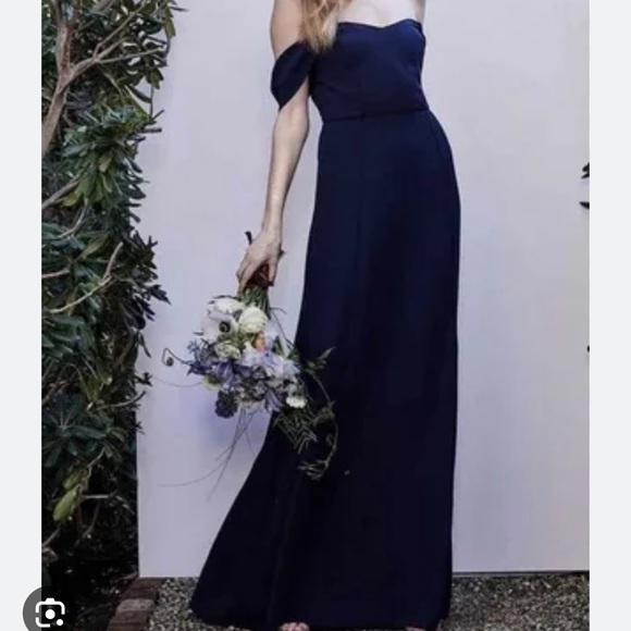 WAYF Rachel Off the Shoulder Gored Maxi Dress in Navy - Picture 2 of 10